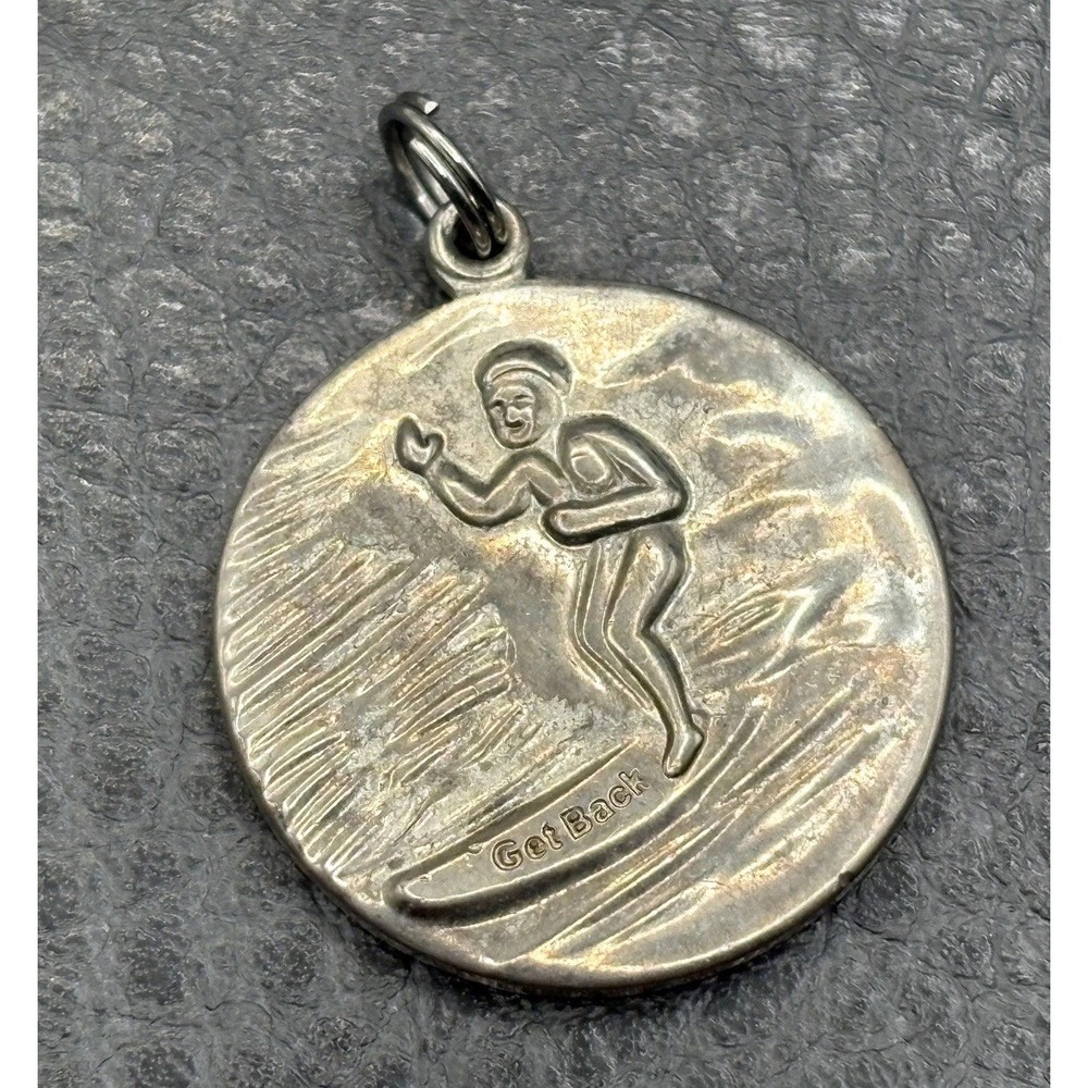 Vintage Saint Christopher Protect Us Medal Surfer Waves Pendant Silver Tone